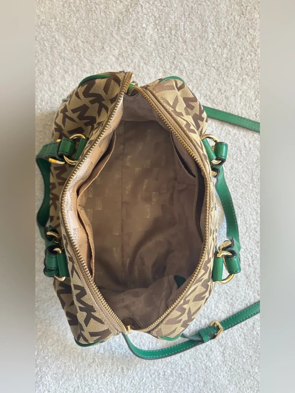 Michael Kors Purse with Green Leather Trim and Gold Accents